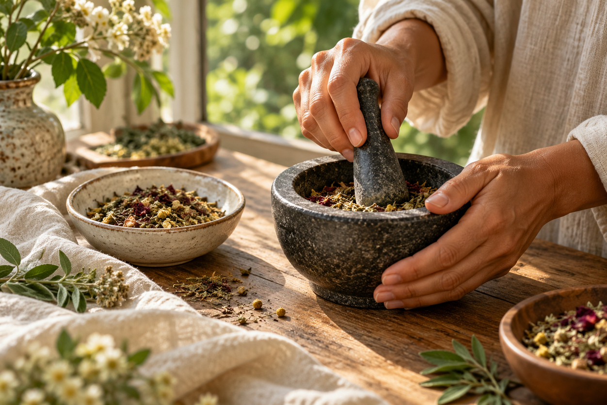 Hands preparing dried botanical herbs with a stone mortar and pestle beside a sunlit garden window.
