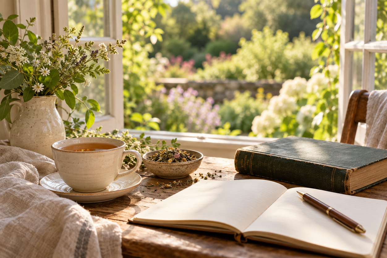 Herbal tea, an open journal, and a Bible on a wooden table overlooking a peaceful garden.
