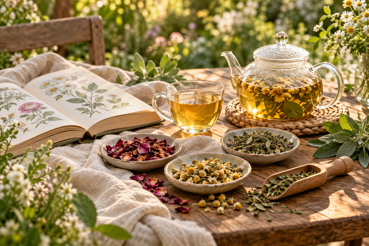 Herbal tea, loose botanicals, and an open botanical book on a sunlit garden table
