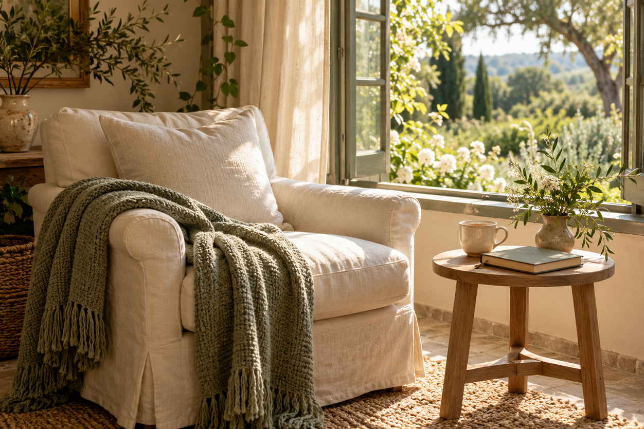An inviting armchair with a sage throw beside a sunlit garden window