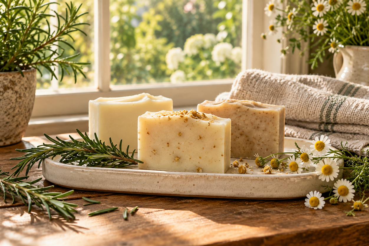 Illustrative botanical soaps beside rosemary and chamomile