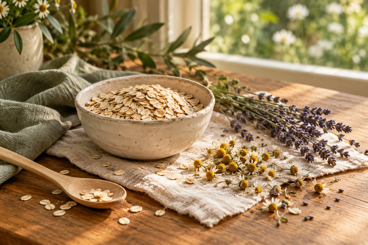 Oats, chamomile, and lavender arranged on cream linen