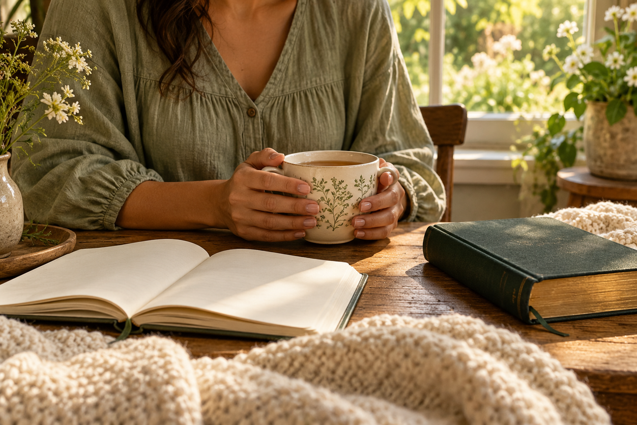 Hands holding warm tea beside an open journal and a closed Bible