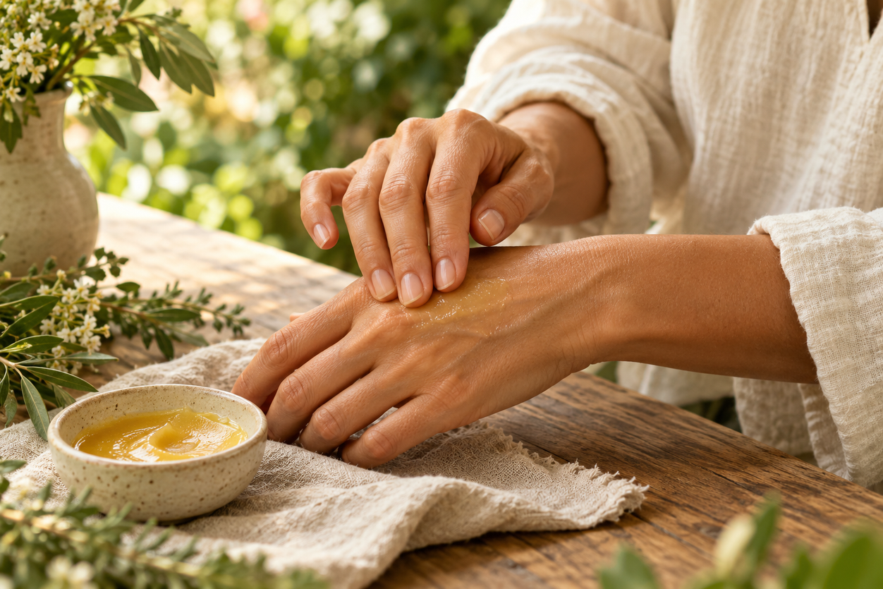 Hands gently applying balm beside a ceramic dish on natural linen