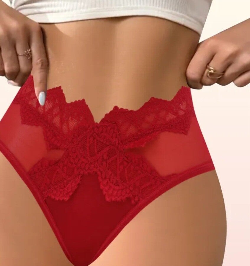 Red bow lace high waist panties