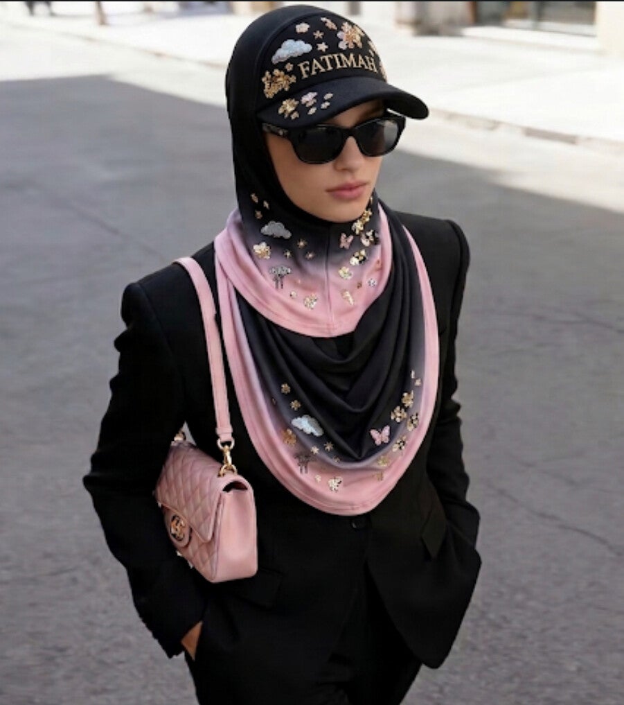 PINK AND BLACK-SEQUINED BASEBALL CAP HIJAB