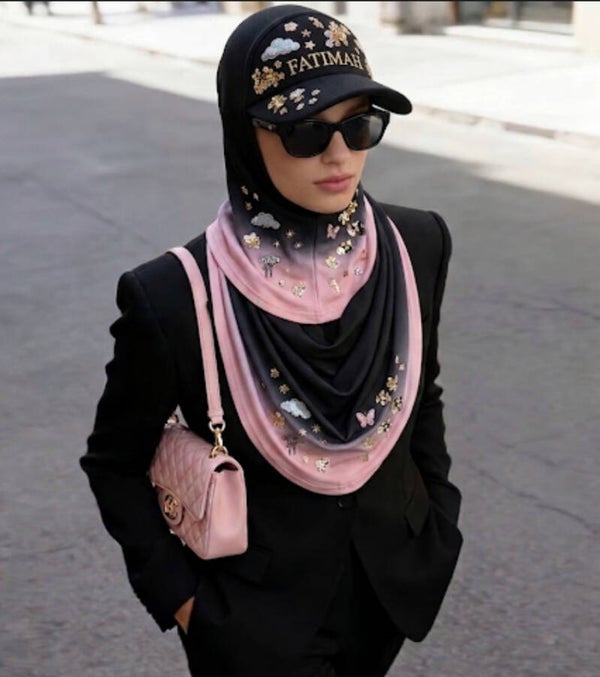 PINK AND BLACK-SEQUINED BASEBALL CAP HIJAB