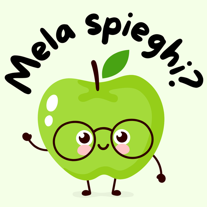 Mela verde con occhiali, personaggio simbolo di MelaSpieghi.