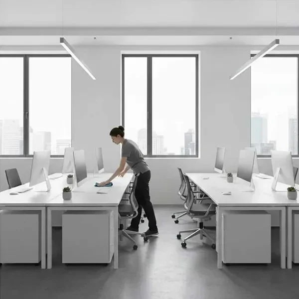 Reinigung einer freien Schreibtischfläche in einem hellen Büro
