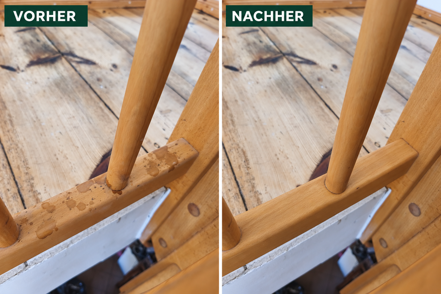 Holzgeländer und Geländersockel im Treppenhaus vor und nach der Detailreinigung