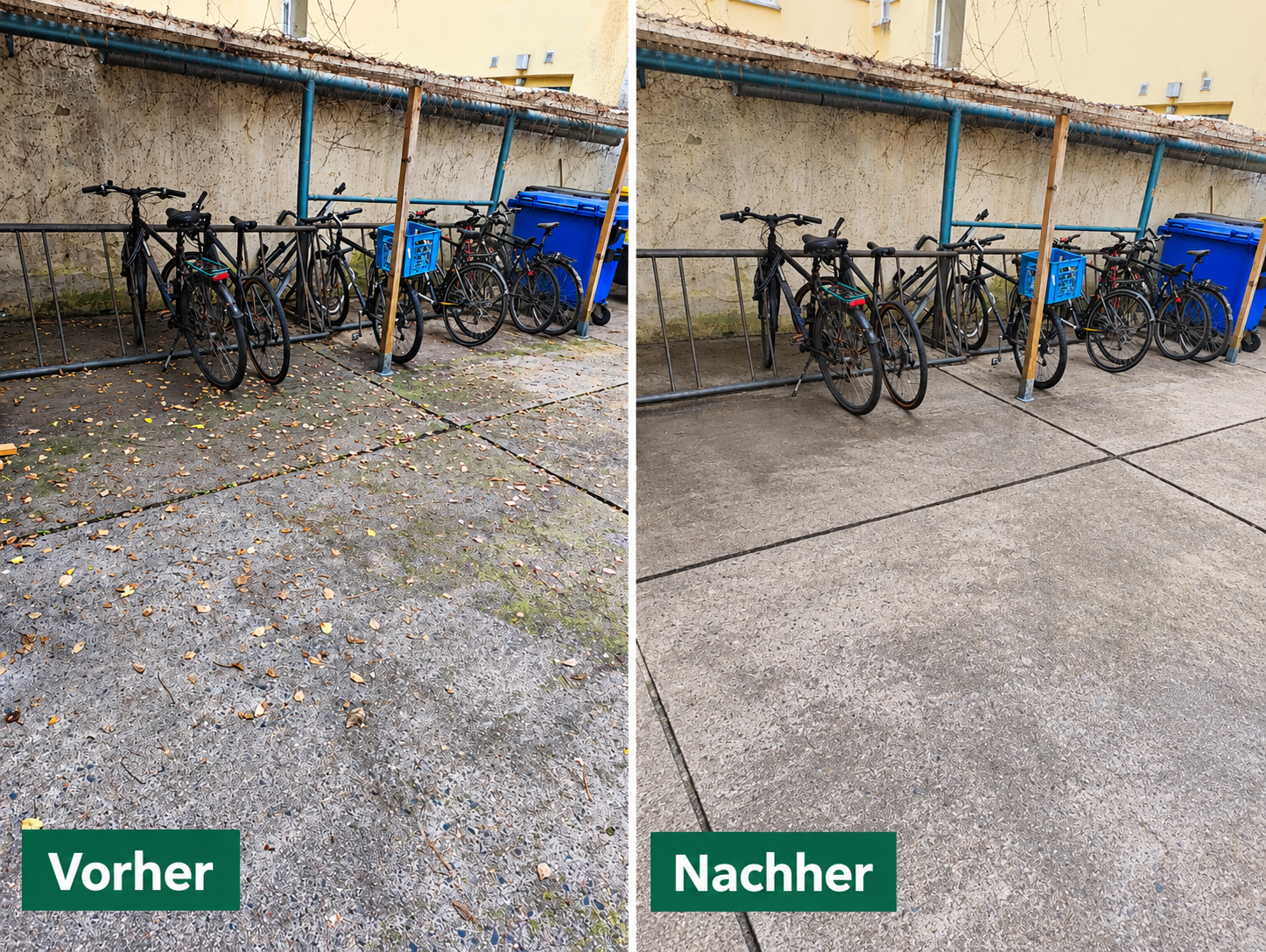 Vorher-Nachher: fahrradabstellfläche nach Pflege und Reinigung durch Hausmeisterservice Schmidt