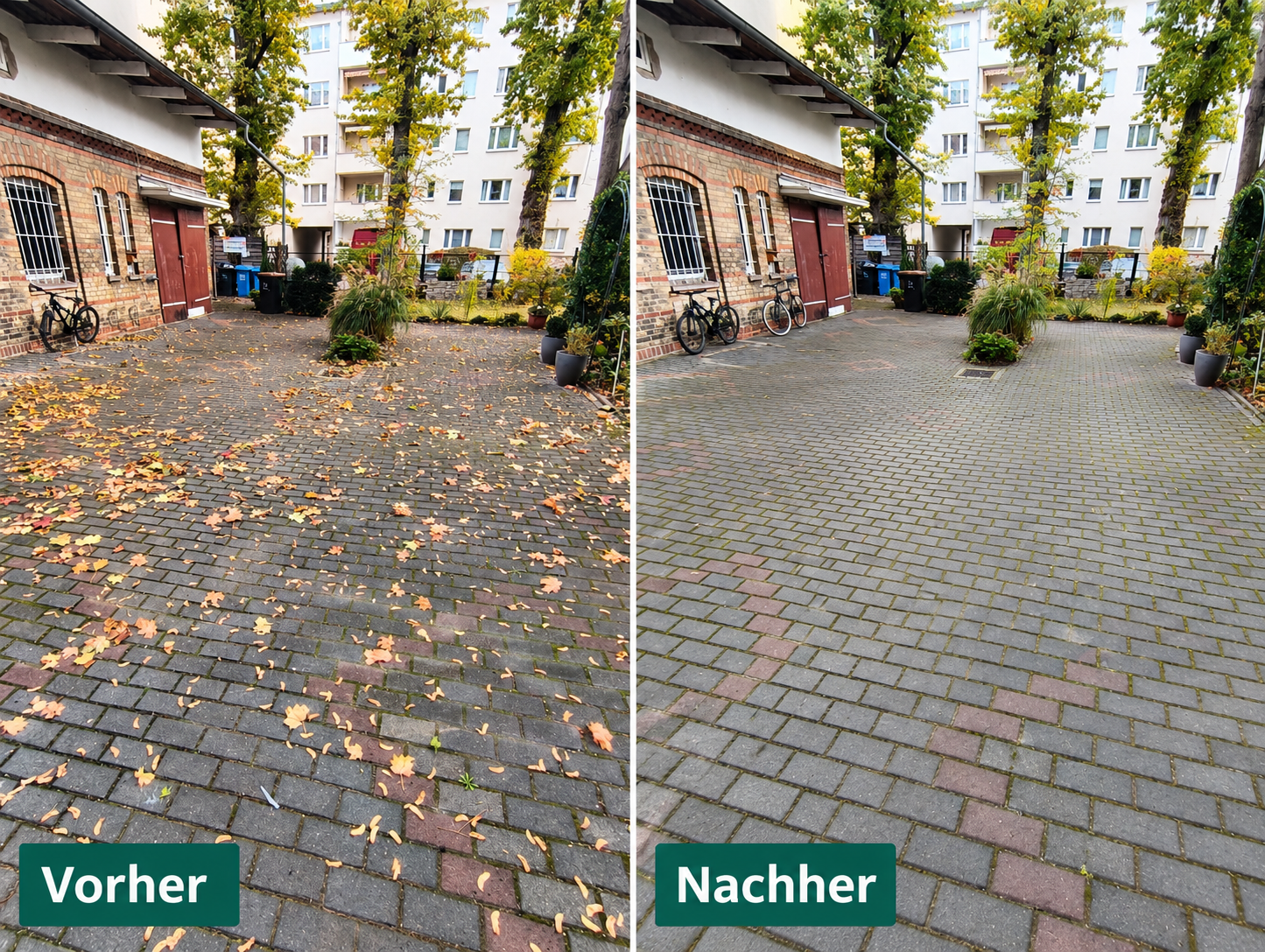 Vorher-Nachher: innenhof und zuwegungen nach Pflege und Reinigung durch Hausmeisterservice Schmidt