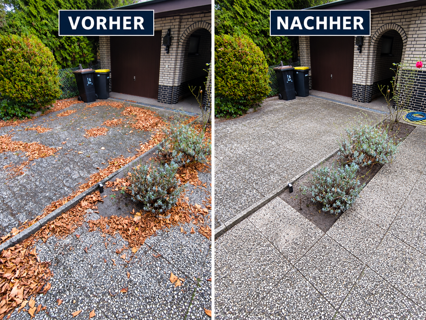 Vorher-Nachher: parkplatz und stellflächen nach Pflege und Reinigung durch Hausmeisterservice Schmidt