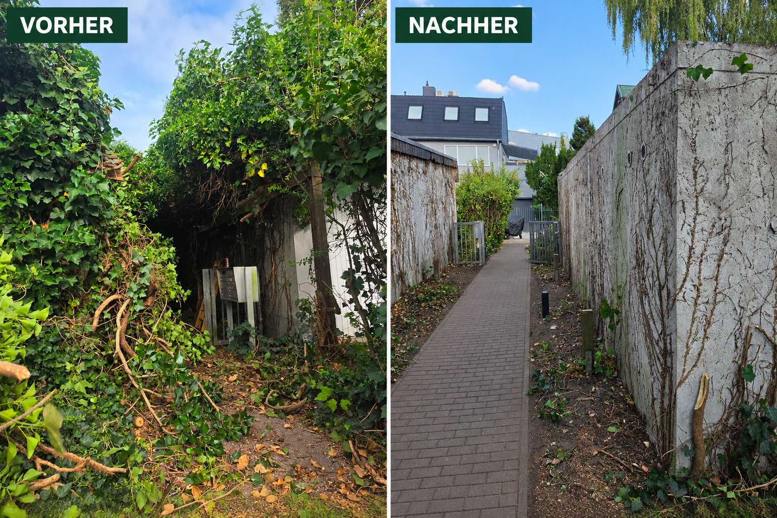 Zaun mit Kletterpflanzen vor und nach dem Rückschnitt des Bewuchses