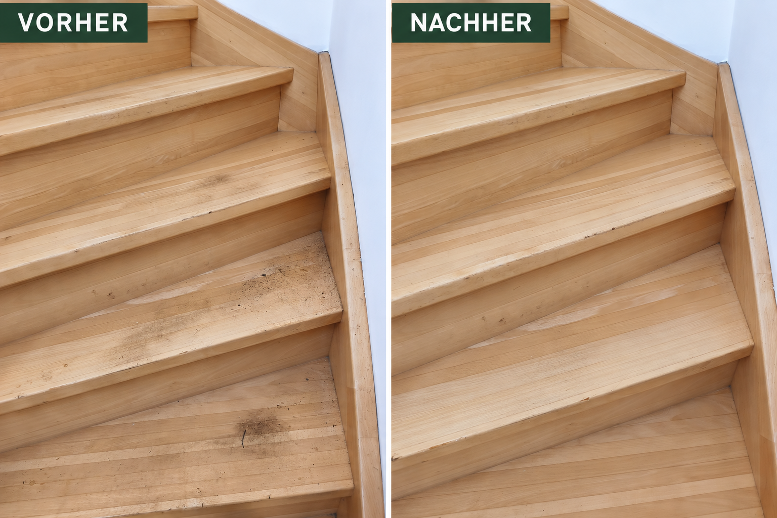 Holztreppe vor und nach der Reinigung von Stufen und Trittflächen