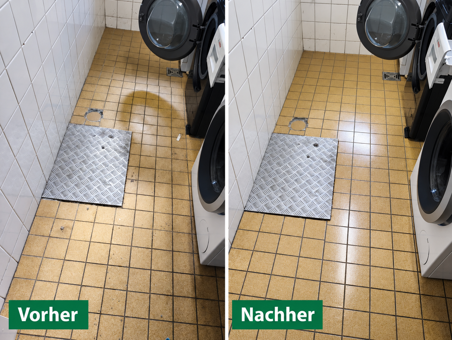Vorher-Nachher-Vergleich: verschmutzter Fliesenboden in einem Waschraum und gereinigter Boden danach
