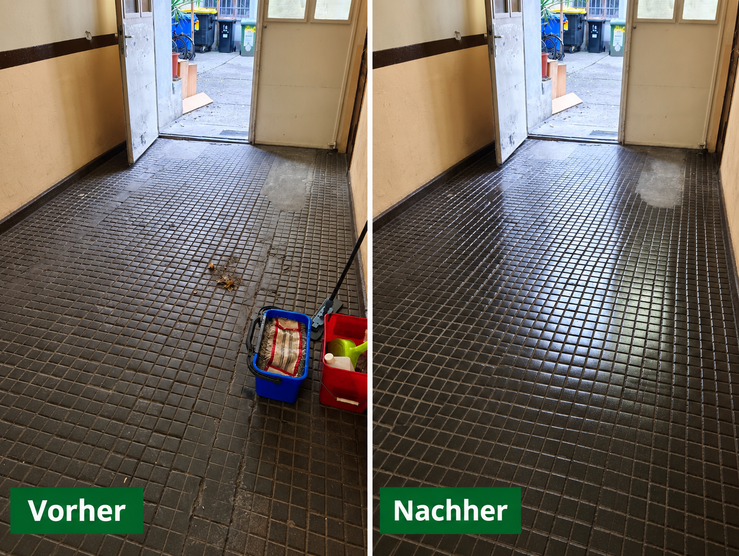 Gefliester Hauseingang vor und nach der Bodenreinigung