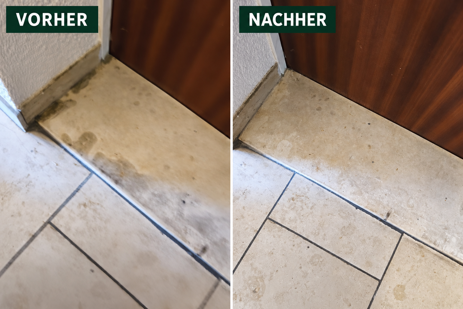 Türschwelle aus Stein vor und nach dem Entfernen von Schmutzablagerungen