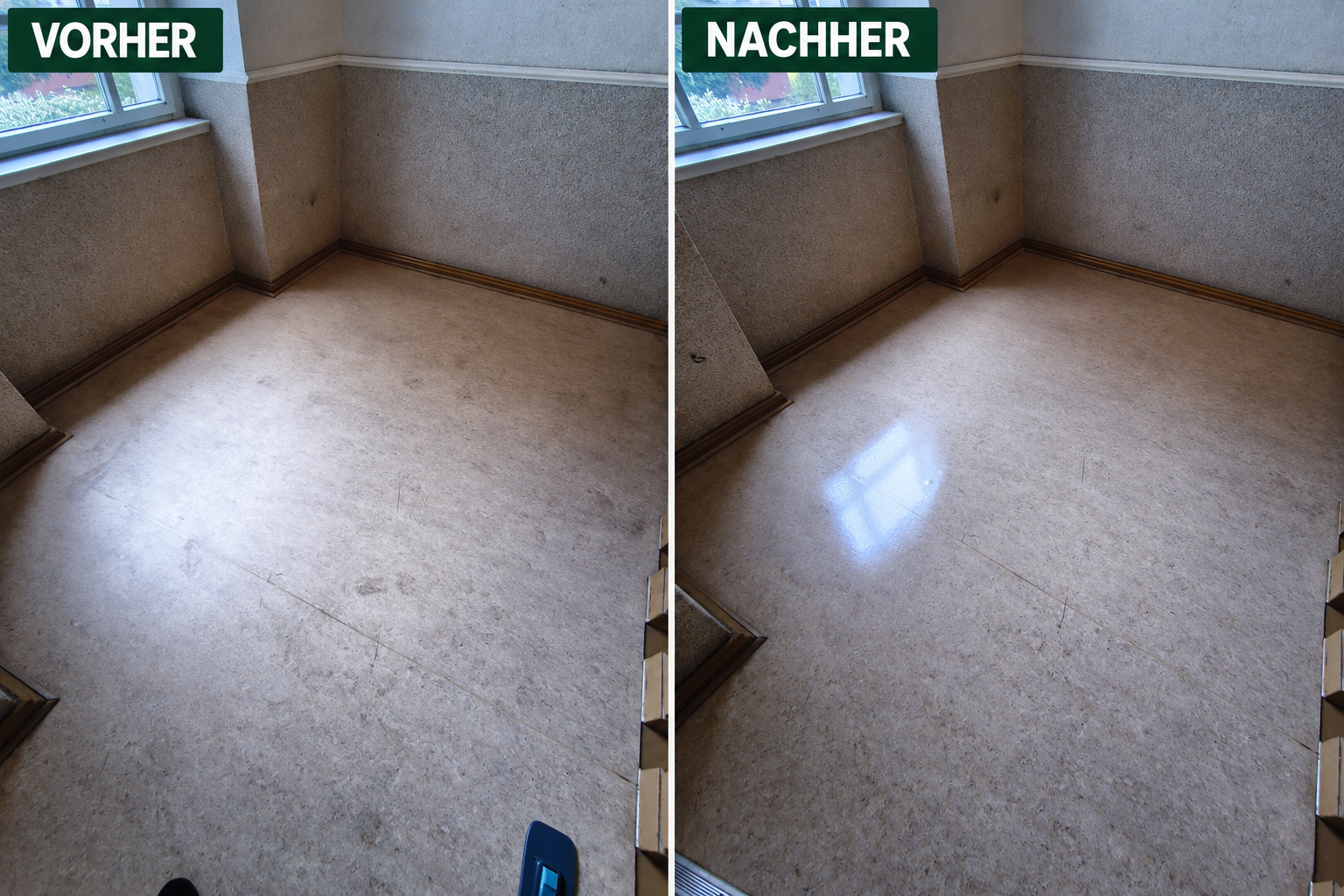 Treppenstufe am Wandanschluss vor und nach der Reinigung des Randbereichs
