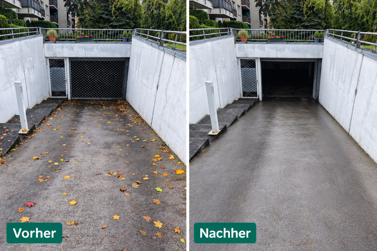Tiefgaragenzufahrt vor und nach der Beseitigung von Laub