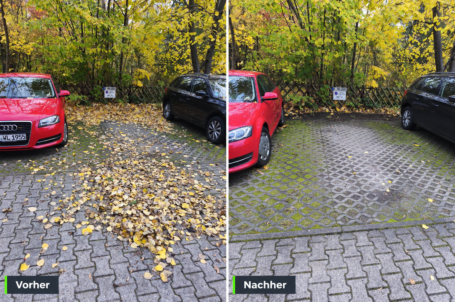 Gepflasterter Innenhof vor und nach der Beseitigung von Herbstlaub