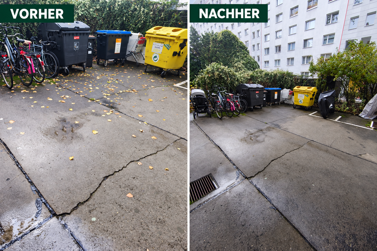 Garagenvorplatz vor und nach der Laubentfernung