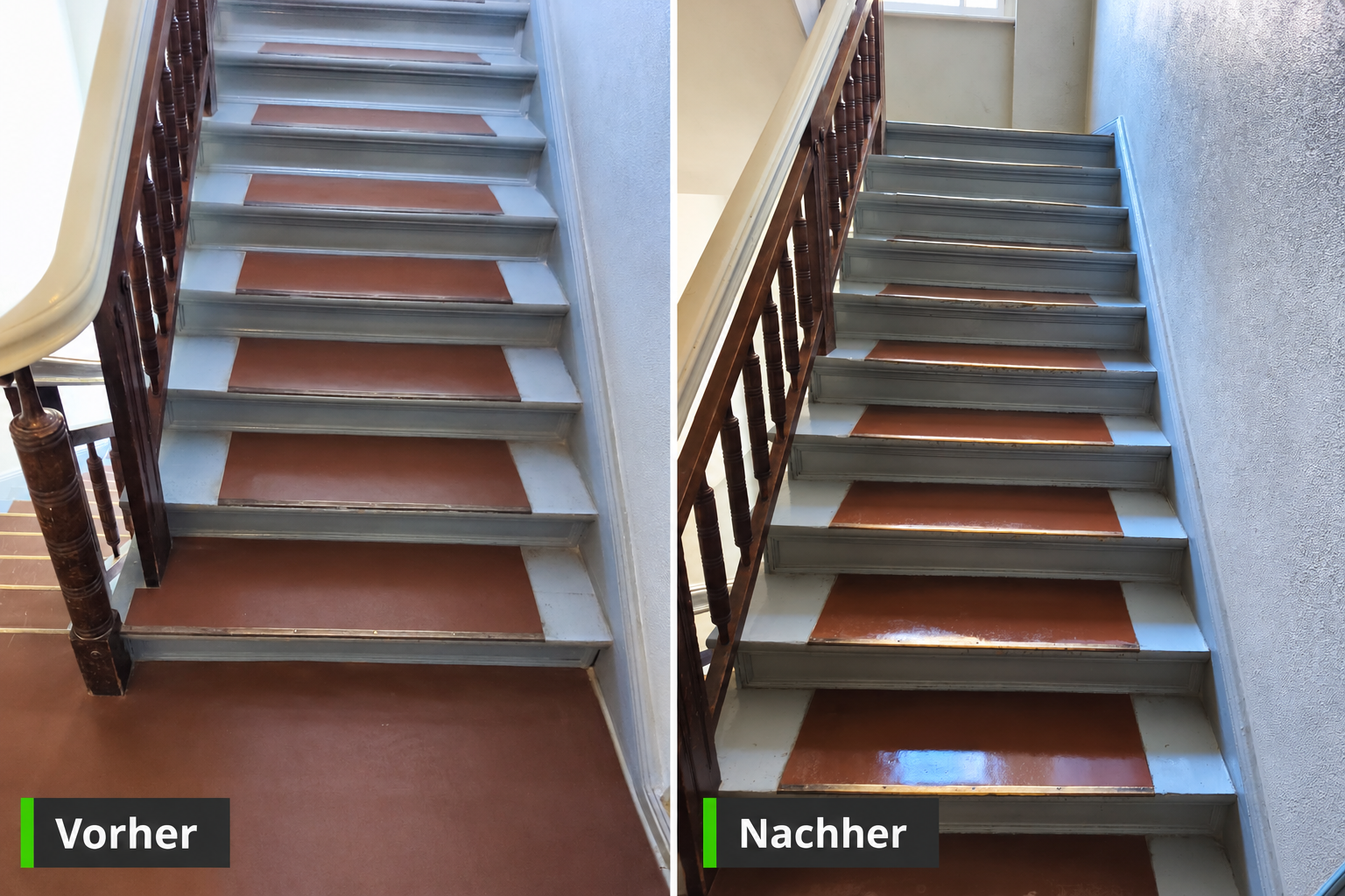 Treppenhausreinigung: Treppenpodest vor und nach der Entfernung sichtbarer Verschmutzungen