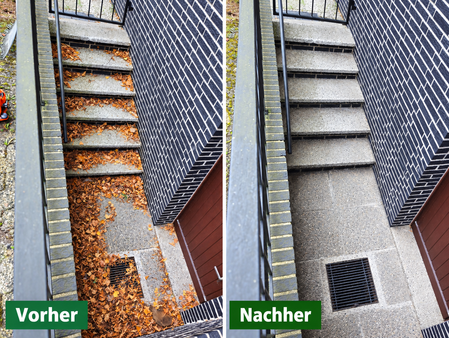 Vorher-Nachher-Vergleich: gefliester Hauseingang vor und nach der Reinigung