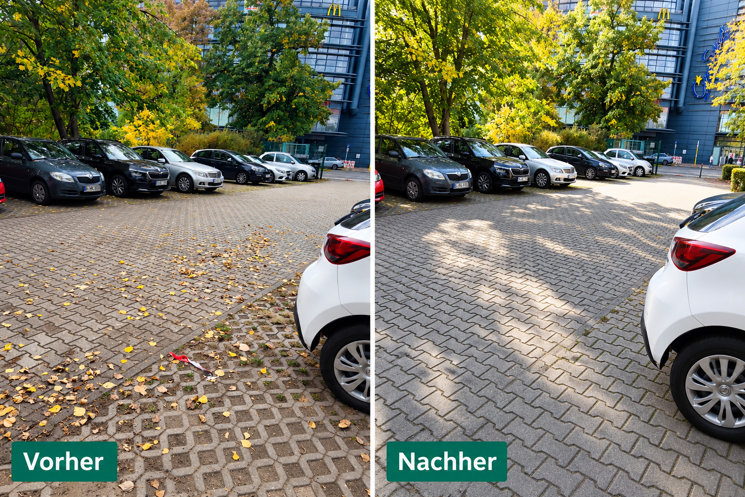 Parkplatz und Stellfläche vor und nach der Laubentfernung