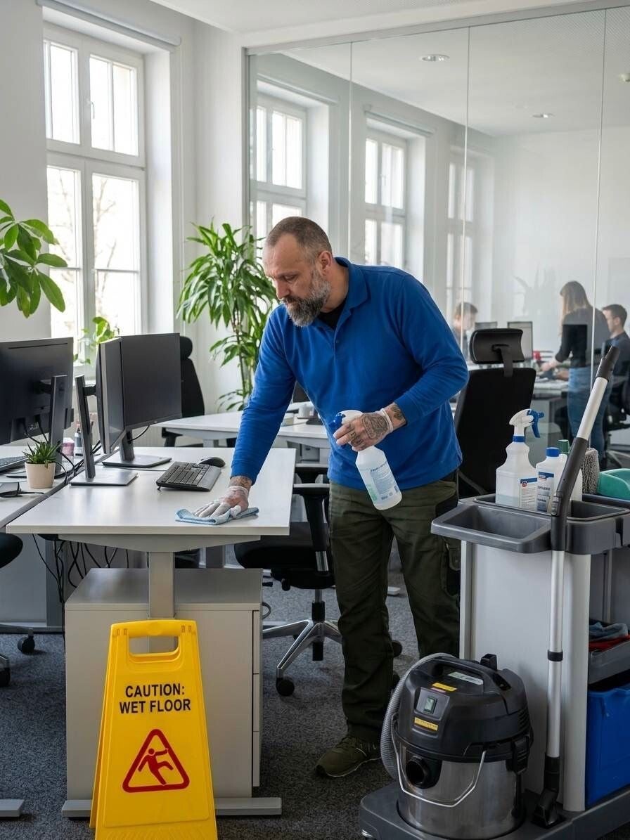 Mitarbeiter wischt eine freie Schreibtischfläche in einem Büro
