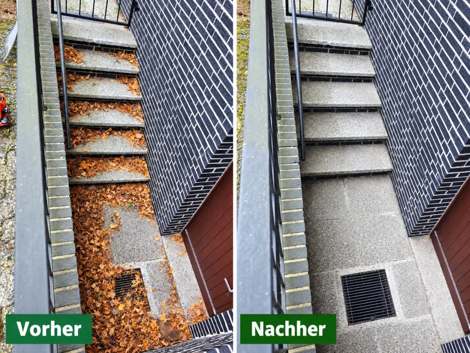 Außentreppe vor und nach dem Entfernen von Laub auf den Stufen