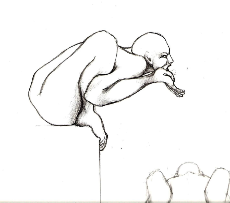 Dessin d'une gargouille de forme humaine accroupie, le buste penché entre les genoux, les mains réunies sous le mentons.