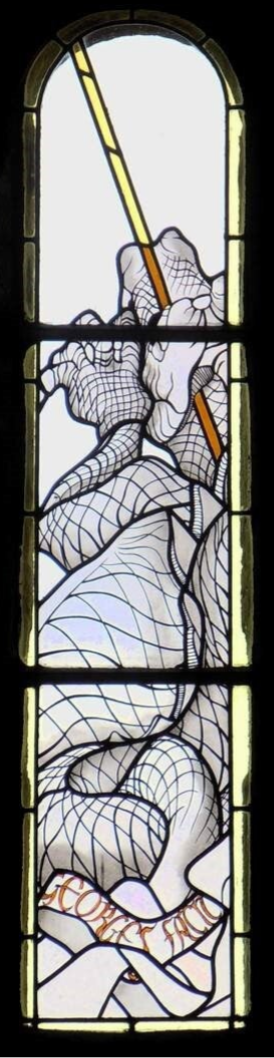 Le dragon terrassé par Saint Georges. Vue en gros plan du dragon blessé par une lance.