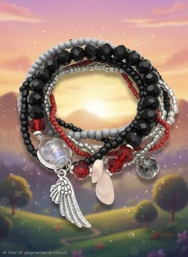 Glassbead Armband Bedel Zwart/Rood