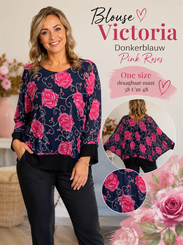 Blouse victoria donkerblauw pink roses