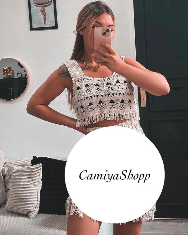 Top en macramé beige