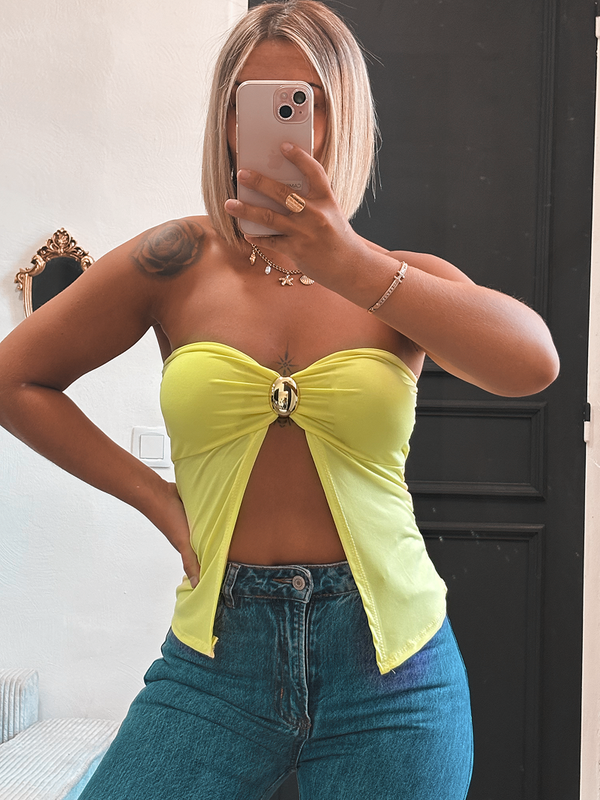 Top bustier fendu jaune fluo