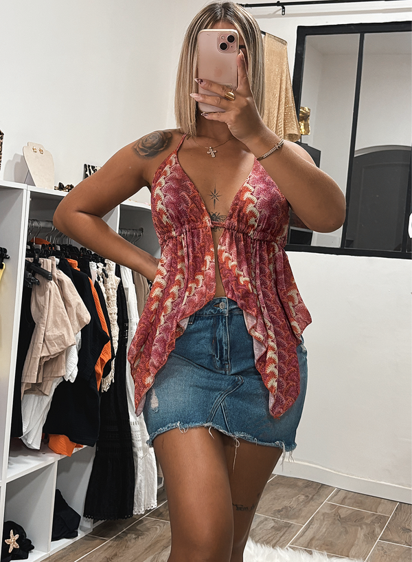 Top à volant motif rose