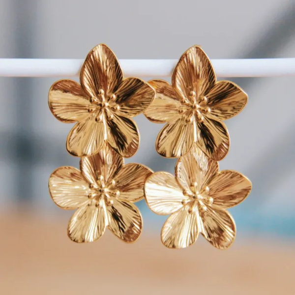 RVS statement oorbel 2 bloemen - goud