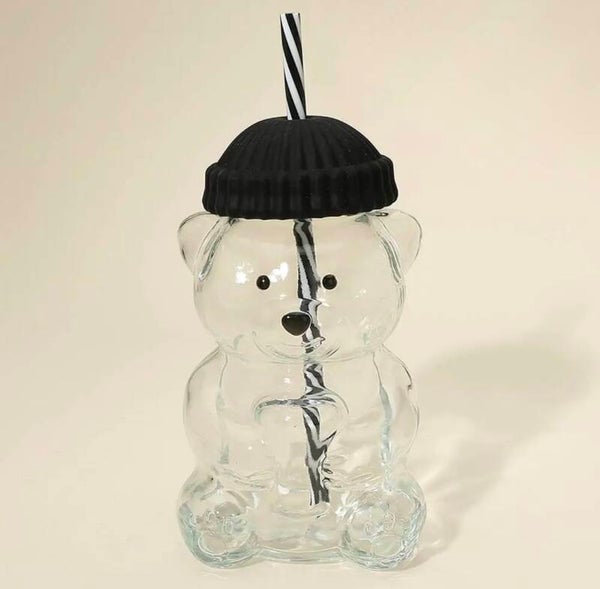 Cute Bear Shaped Drink Glass with Straw