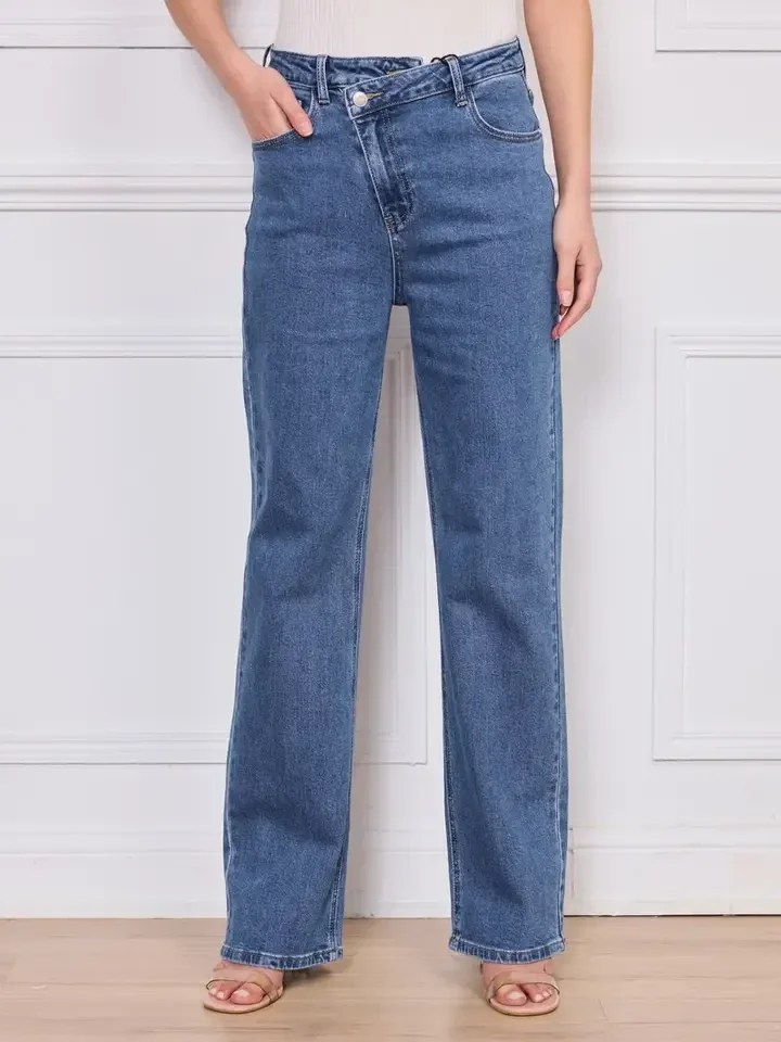 Dames high-waisted rechte jeans denim