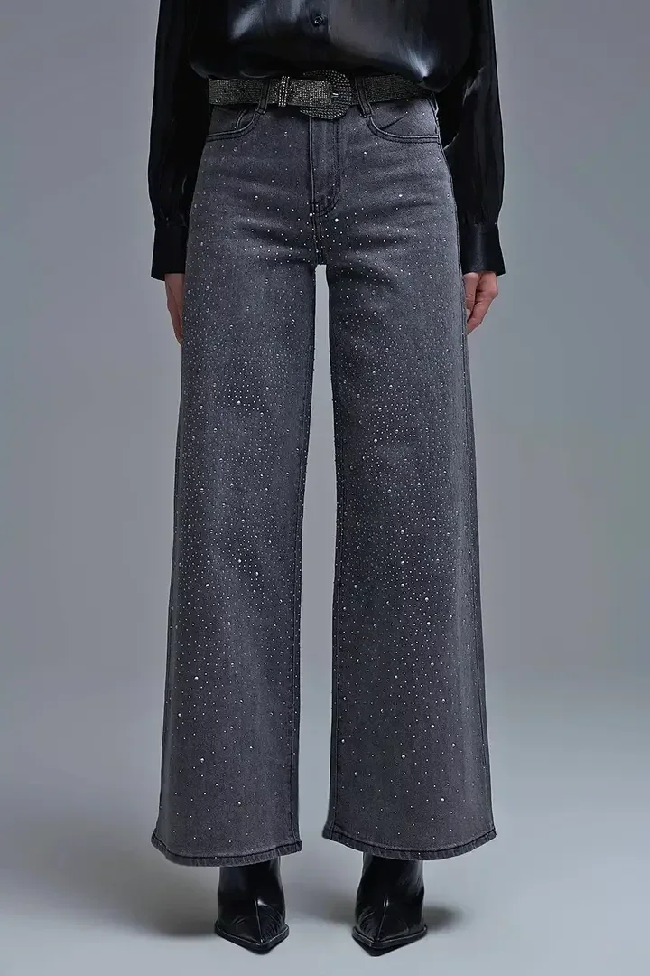 Zwarte wijde jeans met strasstenen