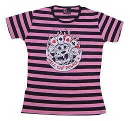 [26057]  Roze/zwart gestreept t-shirt met opdruk