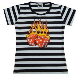 [26027]  Zwart/wit gestreept t-shirt met opdruk