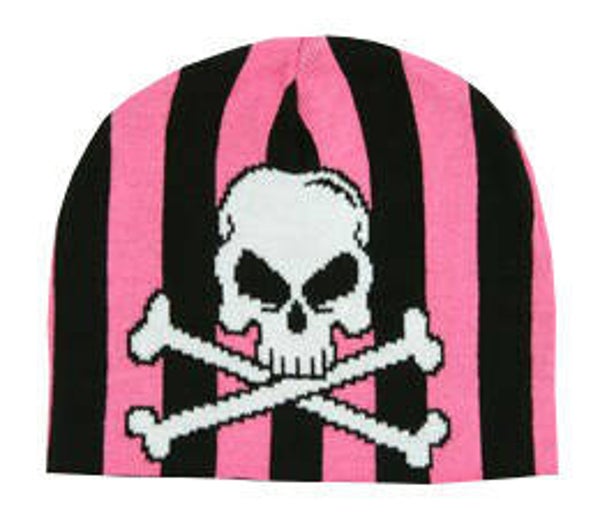 [24028]  Zwart/roze gestreepte beanie met witte skull