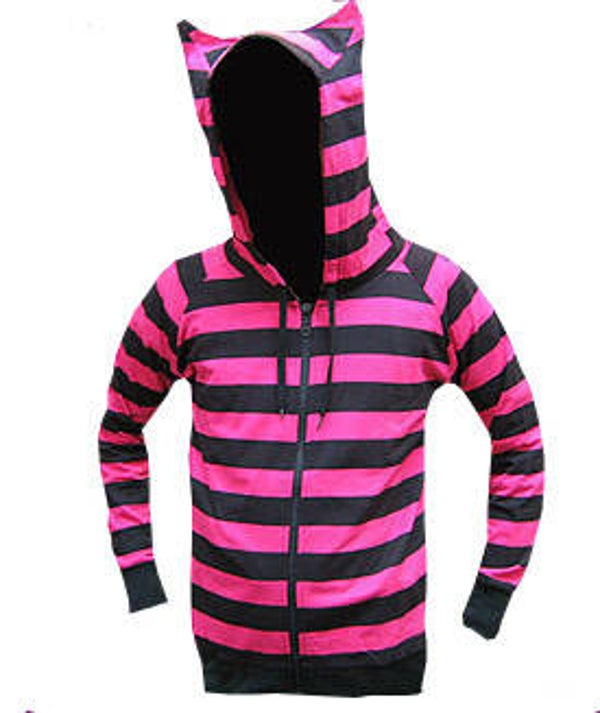 [33030]  Zwart/roze gestreepte hooded sweater met kitty-ears
