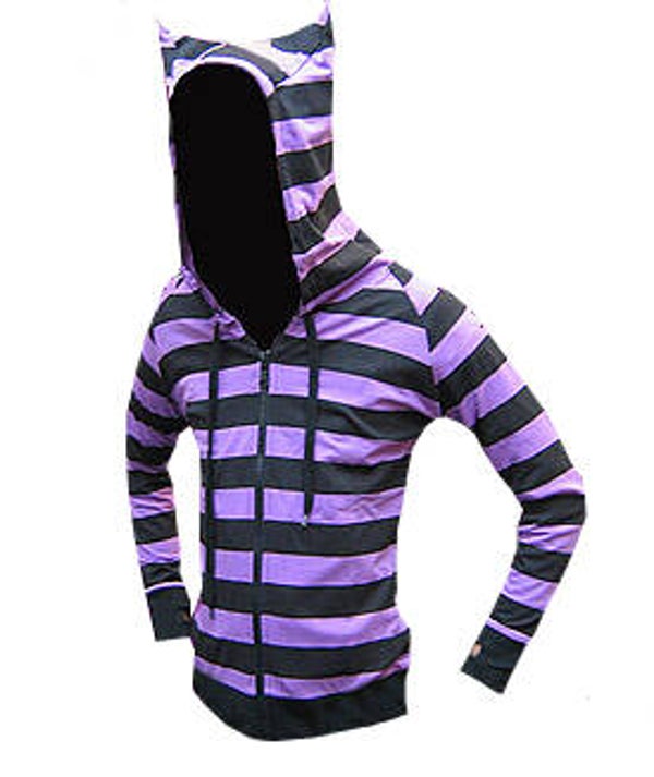 [33054]  Zwart/paars gestreepte hooded sweater met kitty-ears