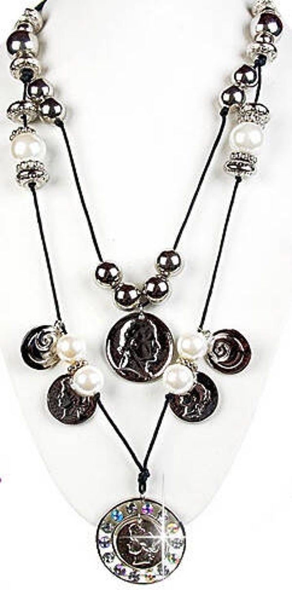 [8073]  Zwarte koordketting met zilverkleurige kralen