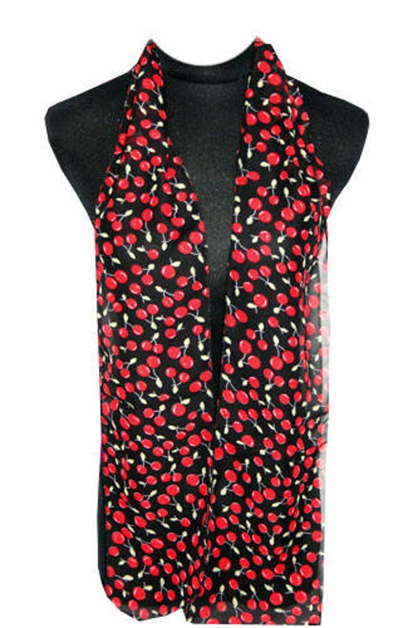 [16032]  Dunne zwarte sjaal met rode kersen