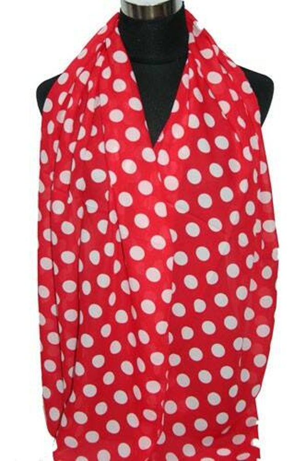 [16048]  Rode sjaal met grote witte stippen